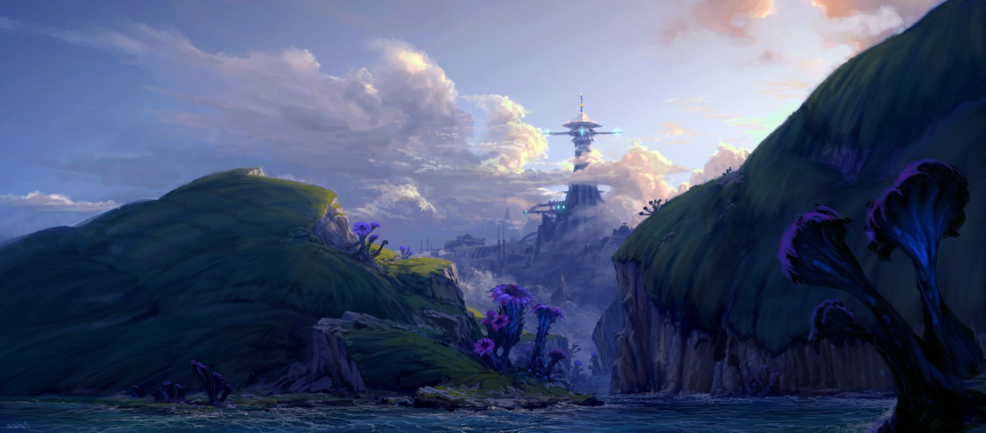 2K Quad HD PC desktop wallpaper and background — sci‑fi scene of a tall futuristic building/tower above misty coastal cliffs, with purple alien flora and a dramatic clouded sky.