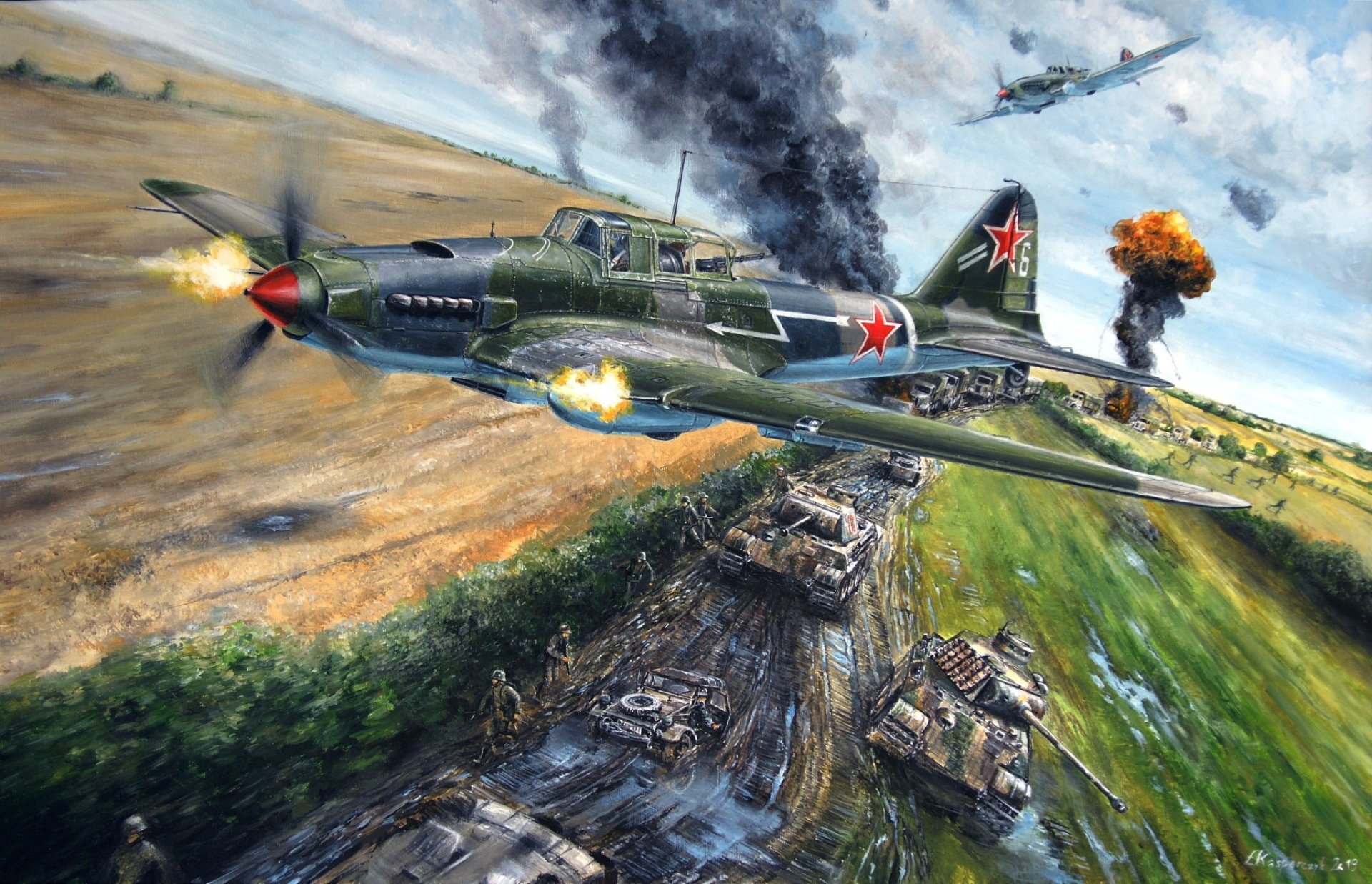 HD PC desktop wallpaper: military Ilyushin Il-2 ground-attack plane streaking over a burning countryside, strafing tanks amid smoke and explosions.