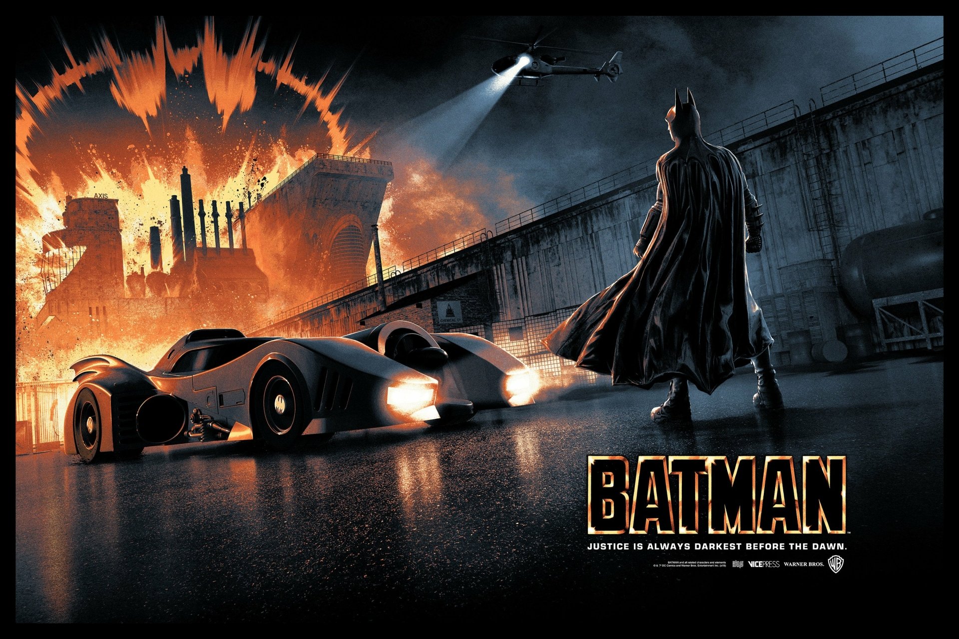 HD PC desktop wallpaper featuring Batman standing near his Batmobile with a fiery Gotham City explosion in the background, inspired by the Batman movie.