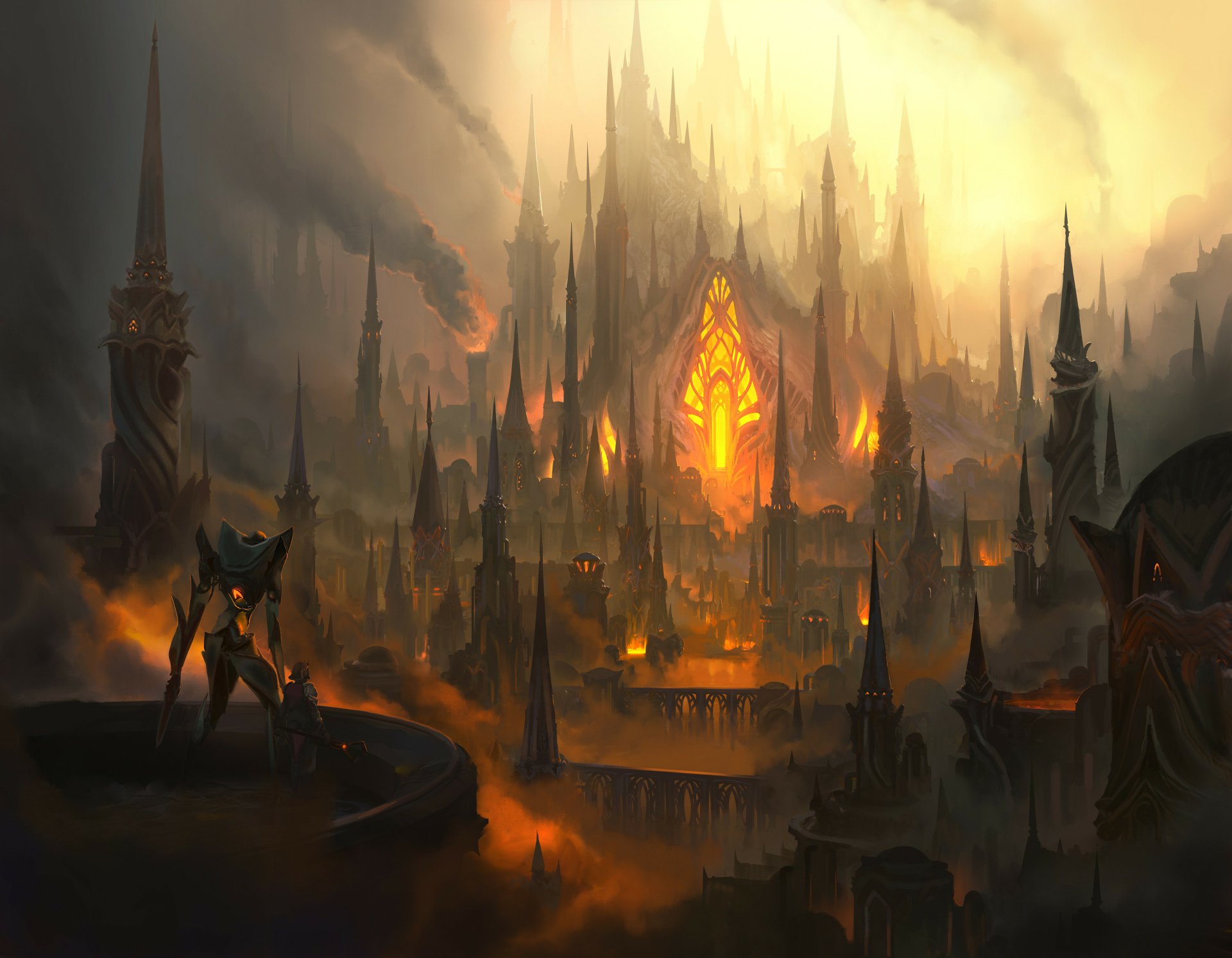 A dark, fiery fortress with towering spires glows ominously, set in a fantasy landscape inspired by Magic: The Gathering, rendered in 4K Ultra HD as a man-made digital wallpaper.