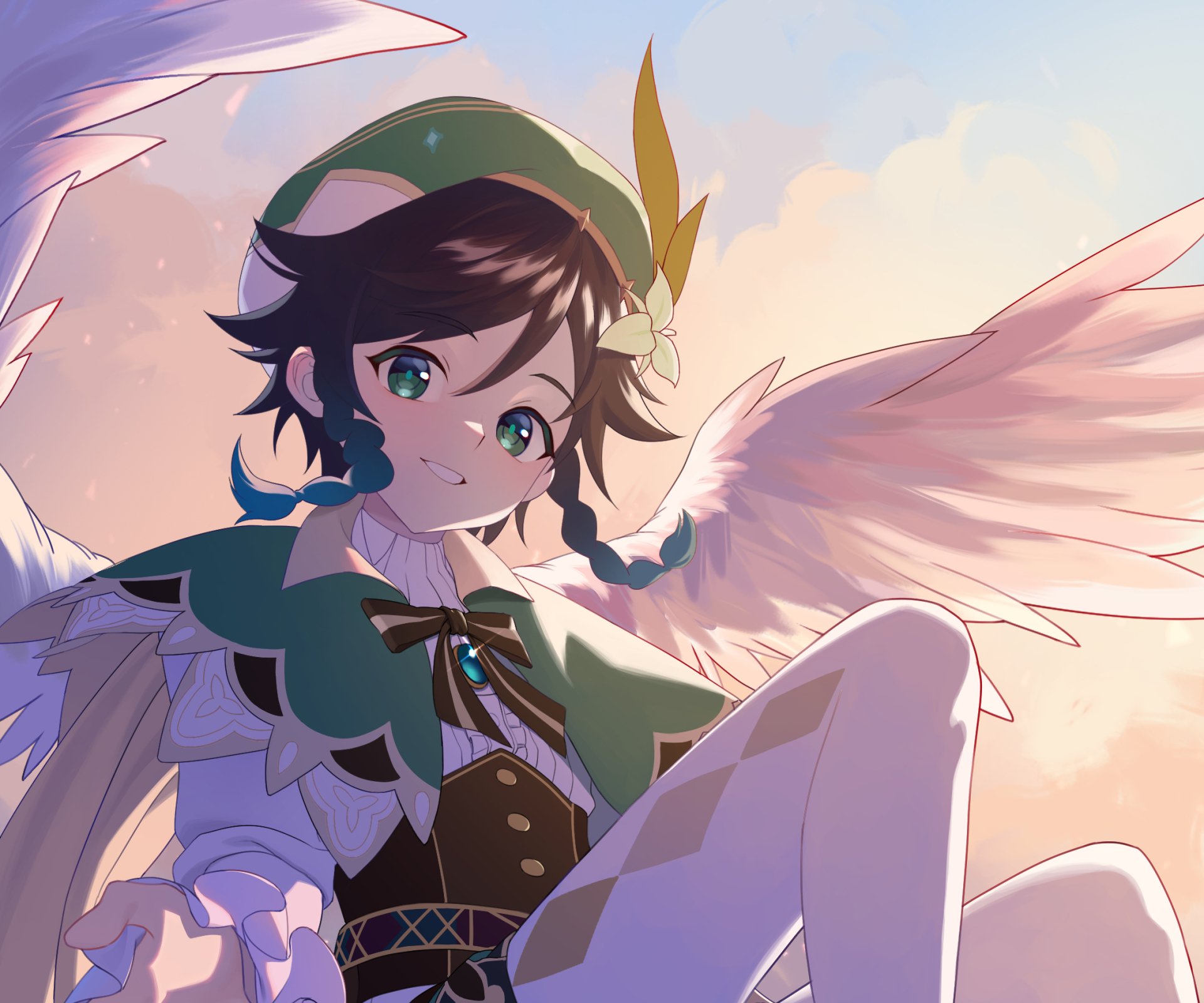 HD PC desktop wallpaper of Venti from Genshin Impact, featuring the character with wings against a soft sky backdrop in vibrant, detailed video game art style.