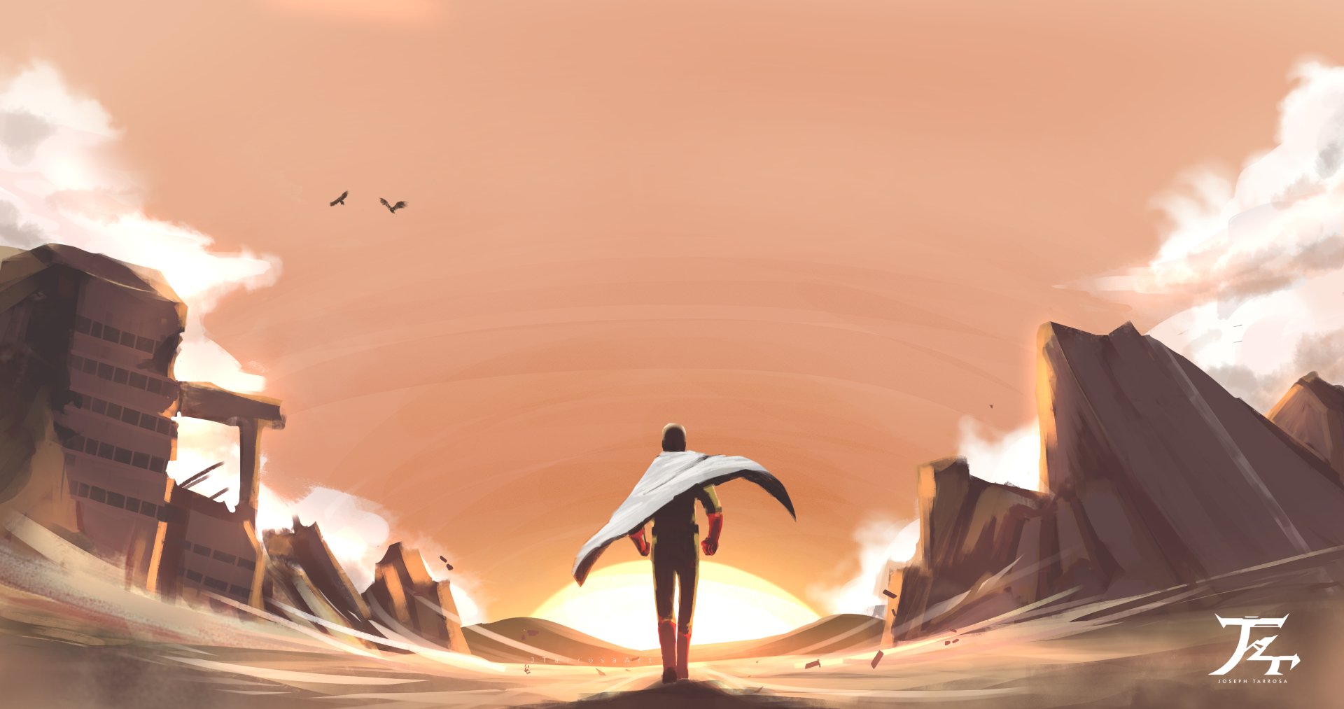 Saitama from One-Punch Man stands in a vast, rocky landscape at sunset, captured in a detailed 4K Ultra HD anime desktop wallpaper.