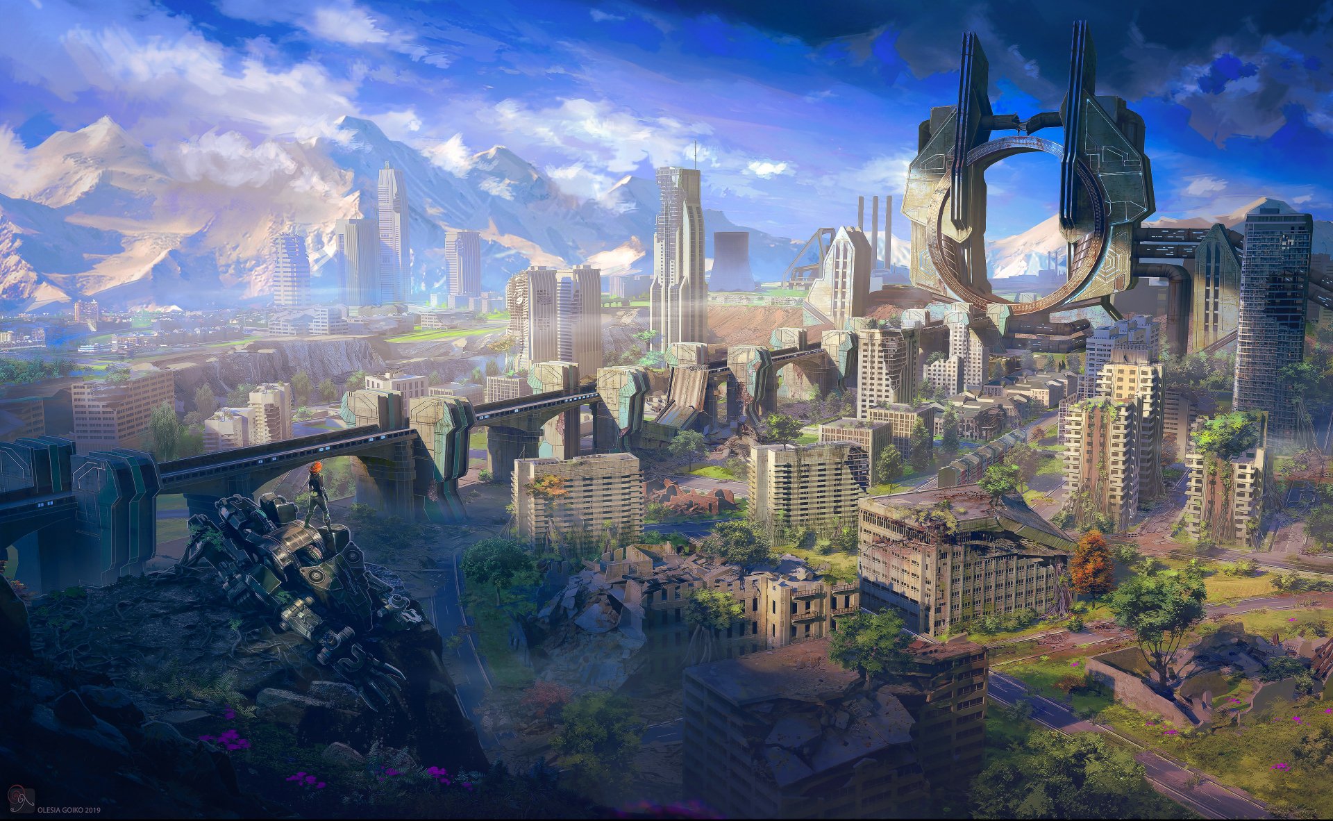 4K Ultra HD sci-fi post-apocalyptic cityscape with futuristic ruins under a dramatic sky, blending advanced technology and nature reclaiming the environment.