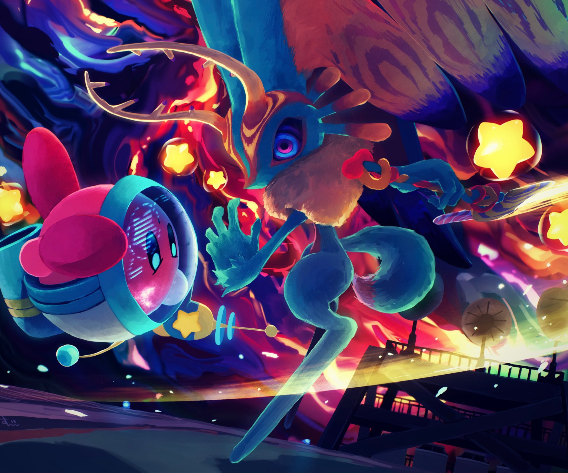 HD PC desktop wallpaper featuring vibrant, dynamic artwork of Kirby and a colorful creature from the video game universe, surrounded by glowing stars and vivid effects.