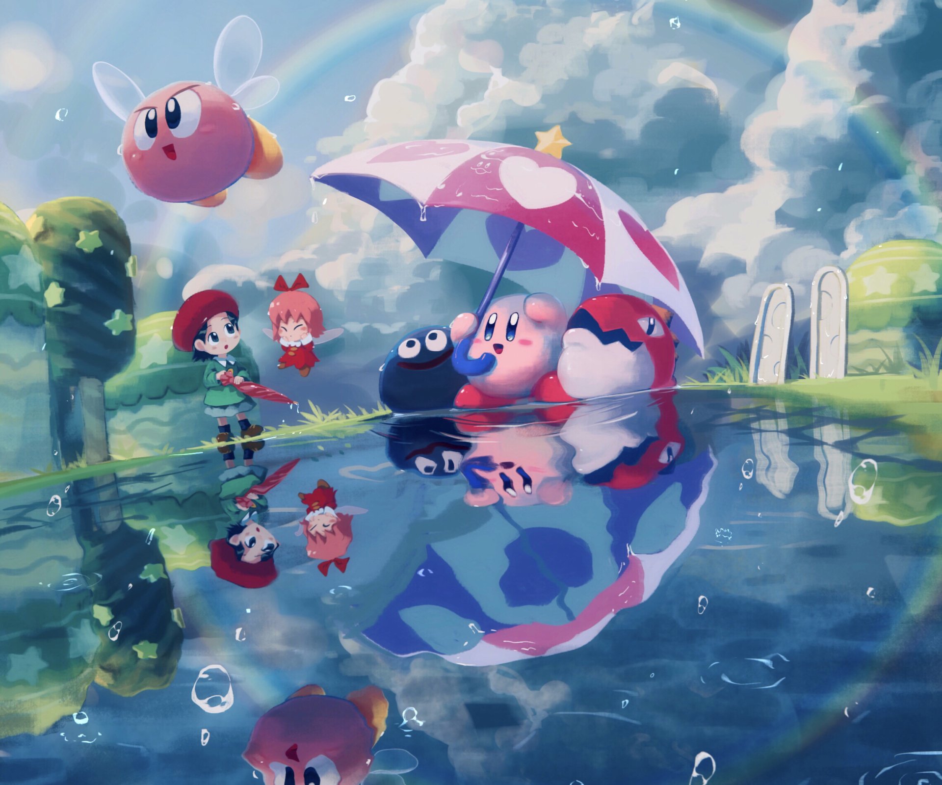 HD PC desktop wallpaper from the video game Kirby — Kirby and friends under a pink umbrella by a reflective pond with pastel skies and whimsical scenery.