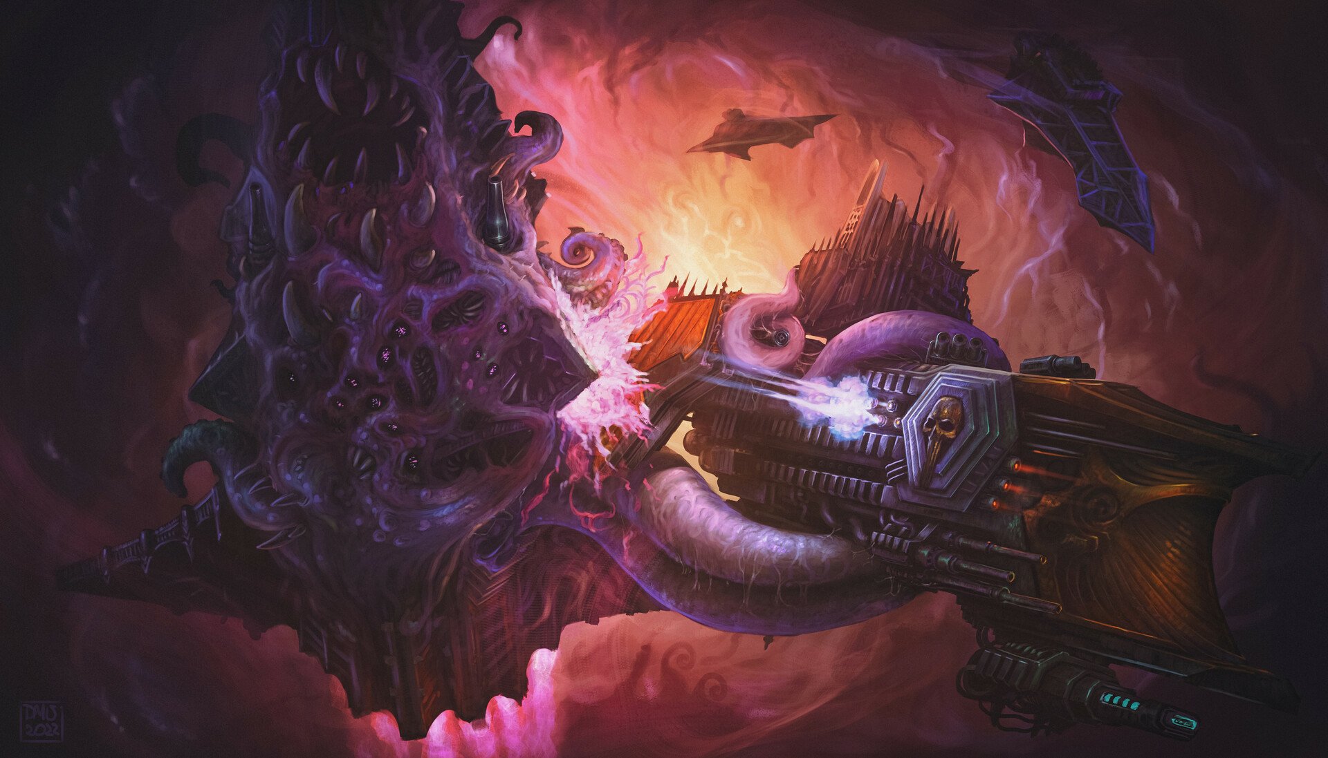 HD desktop wallpaper featuring a vibrant sci-fi scene with an intricate alien landscape and a futuristic weapon in the foreground.