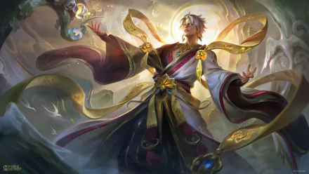 HD PC desktop wallpaper background of a Mobile Legends: Bang Bang video game hero — a robed, radiant mage summoning light with flowing golden sashes and ornate robes against a mystical backdrop.