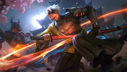 HD PC desktop wallpaper and background from the video game Mobile Legends: Bang Bang — masked samurai hero crouches with a glowing katana amid moonlit temple silhouettes and drifting cherry blossoms.