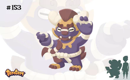 An HD desktop wallpaper featuring a character from the video game Temtem, showcasing a vibrant creature with distinctive features and a playful pose.