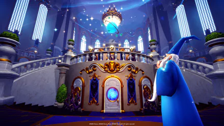 HD desktop wallpaper of Disney Dreamlight Valley featuring the iconic wizard character in an enchanting castle interior with magical elements and vibrant lighting.