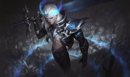 Viego (League of Legends): spectral king with glowing crown and sword amid ghostly soldiers, blue ethereal aura — HD PC desktop wallpaper/background, video game artwork.