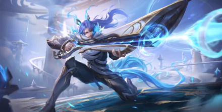 Honor of Kings 5K Ultra HD PC wallpaper: blue-haired warrior in flowing coat wields a glowing energy blade, crouched in a dynamic battle pose against a misty, futuristic fantasy skyline.