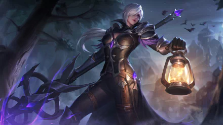 4K Ultra HD PC desktop wallpaper featuring a Mobile Legends: Bang Bang character in dark armor holding a lantern, set against a shadowy forest backdrop with flying bats.