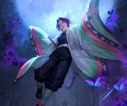 HD PC desktop wallpaper featuring Shinobu Kochou from the anime Demon Slayer: Kimetsu no Yaiba surrounded by glowing butterflies in a mystical, blue-purple setting.