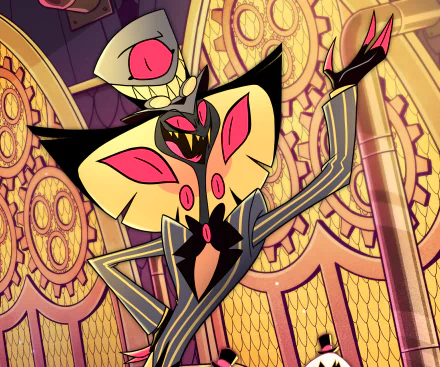 Sir Pentious from the TV show Hazbin Hotel: serpent-like villain posed before golden steampunk gears; vibrant yellows and pinks — HD PC desktop wallpaper/background.