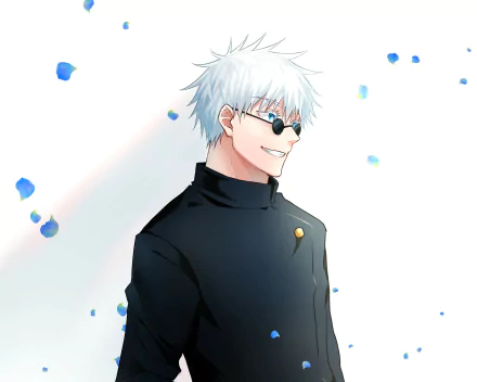 Satoru Gojo (Jujutsu Kaisen) with white hair and sunglasses, in a black uniform, smiling among floating blue petals on a bright white backdrop — 2K Quad HD PC desktop wallpaper.