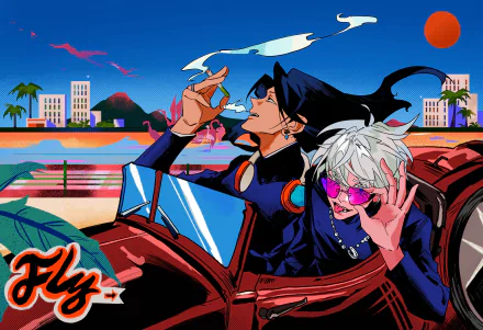 4K Ultra HD anime wallpaper featuring Satoru Gojo and Suguru Geto from Jujutsu Kaisen, cruising in a red convertible with a vibrant coastal cityscape background.