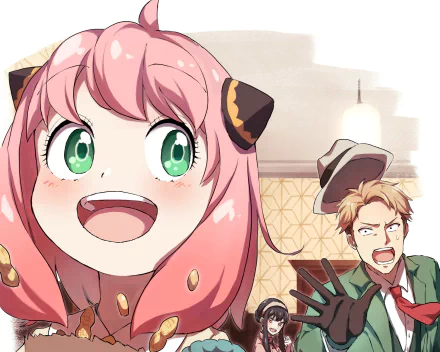HD desktop wallpaper of Spy x Family featuring cheerful Anya Forger grinning in the foreground and a surprised Loid Forger reacting in the background.