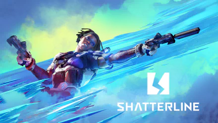 HD desktop wallpaper featuring a dynamic character from the video game Shatterline, poised with dual firearms against a vibrant blue and green background.