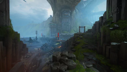 HD desktop wallpaper of Shatterline game depicting a dystopian facility amidst rocky terrain and overgrown foliage.