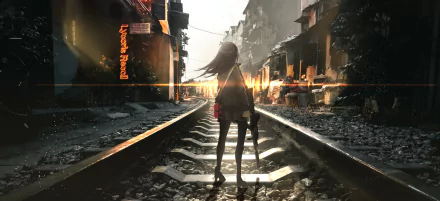 HD PC desktop wallpaper featuring Takina Inoue from the anime Lycoris Recoil standing on railroad tracks in a ruined urban setting at sunset.