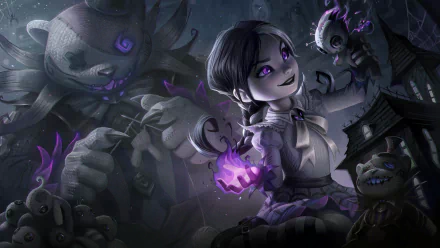 An 8K Ultra HD League of Legends wallpaper featuring Annie, the video game character, with dark, magical purple elements illuminating the scene.