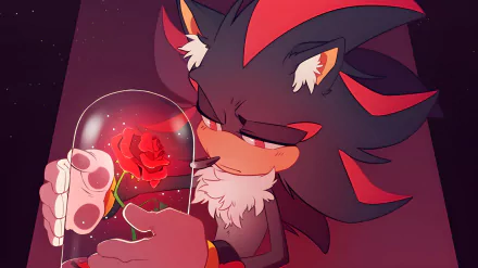 HD PC desktop wallpaper featuring Shadow the Hedgehog from Sonic Adventure 2 Battle, with fluffy fur, red eyes, and holding a rose under a glass dome.