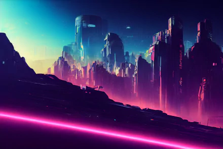 Futuristic cyberpunk cityscape with neon purple and blue hues, blending sci-fi architecture and AI art elements in a vibrant HD desktop wallpaper background.