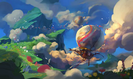 A vibrant fantasy landscape featuring floating islands, lush greenery, and a whimsical airship beneath a colorful sky, rendered in stunning 4K Ultra HD detail.