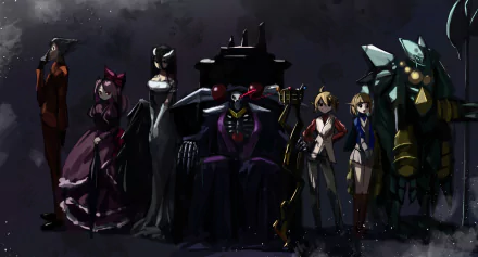 Ainz Ooal Gown and his guardians from Overlord stand in a shadowy formation — anime 2K Quad HD PC desktop wallpaper/background with ominous, dramatic lighting.