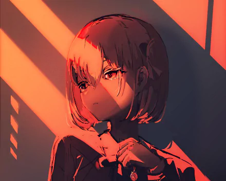 HD anime desktop wallpaper featuring Chisato Nishikigi from Lycoris Recoil, bathed in warm orange light with dramatic shadows.