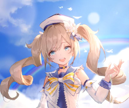 HD PC desktop wallpaper featuring Barbara from the video game Genshin Impact against a bright sky with clouds and a faint rainbow.