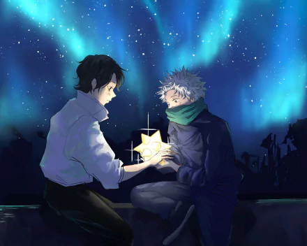 4K Ultra HD anime wallpaper featuring Toge Inumaki and Yuta Okkotsu from Jujutsu Kaisen 0, set against a glowing night sky with northern lights.