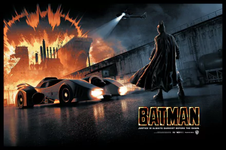 HD PC desktop wallpaper featuring Batman standing near his Batmobile with a fiery Gotham City explosion in the background, inspired by the Batman movie.