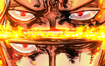 HD PC desktop wallpaper featuring intense close-ups of Roronoa Zoro and King from the anime One Piece, highlighting their fierce red eyes and fiery aura.