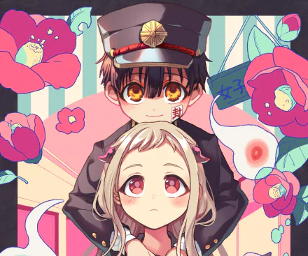 HD anime desktop wallpaper featuring Yashiro Nene and Hanako-kun from Toilet-bound Hanako-kun, surrounded by vibrant flowers and mystical elements.