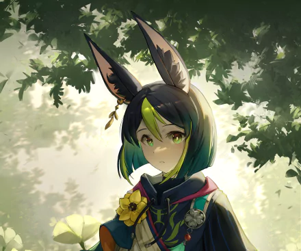 4K Ultra HD PC desktop wallpaper of Tighnari (Genshin Impact) — a green-haired, fox-eared ranger framed by sunlit forest leaves, calm watchful expression (video game art).