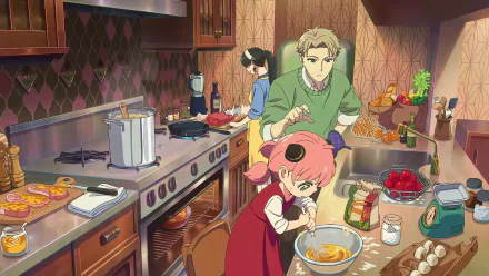 HD anime wallpaper featuring Yor, Loid, and Anya Forger from Spy x Family preparing food together in a cozy kitchen setting.
