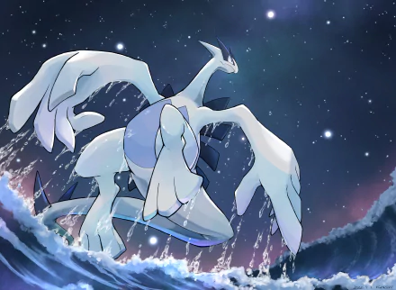 4K Ultra HD PC wallpaper featuring Lugia, the legendary Pokémon, soaring powerfully against a starry night sky in a vivid video game-inspired scene.