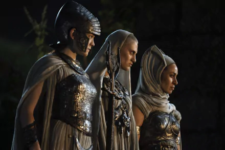 Three armored characters from The Lord of the Rings: The Rings of Power stand side by side in a detailed 4K Ultra HD desktop wallpaper from the TV show.