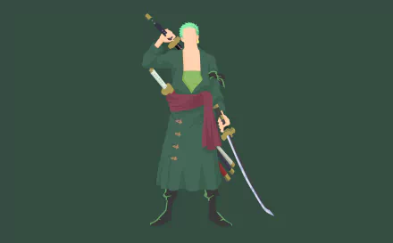 HD PC desktop wallpaper featuring Roronoa Zoro from the anime One Piece, depicted in a dynamic pose with his three swords against a solid green background.
