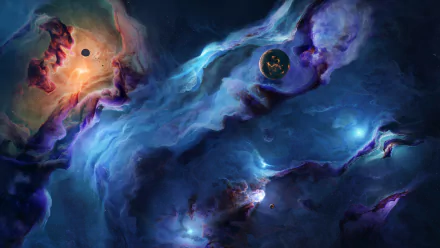 HD desktop wallpaper of Moonbreaker with celestial bodies amidst vibrant cosmic clouds.