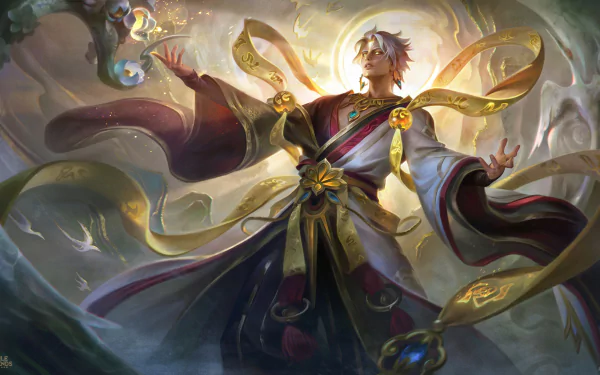 HD PC desktop wallpaper background of a Mobile Legends: Bang Bang video game hero — a robed, radiant mage summoning light with flowing golden sashes and ornate robes against a mystical backdrop.