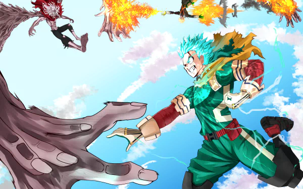 Izuku Midoriya from My Hero Academia unleashing powerful energy in a dynamic 8K Ultra HD anime desktop wallpaper with vibrant colors and intense action.