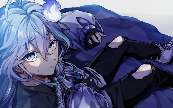 4K Ultra HD anime PC wallpaper of Holostars Virtual YouTuber Minase Rio reclining on a dark cloak, blue braided hair, ripped black jeans and a moody, serious gaze.