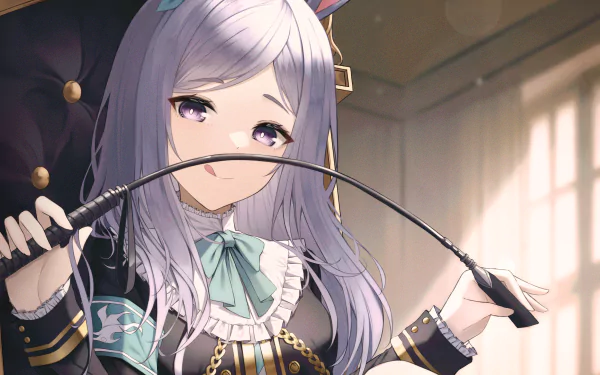 Mejiro McQueen from Uma Musume: Pretty Derby — anime 2K Quad HD PC desktop wallpaper of a silver-haired, purple-eyed girl in a frilled riding outfit holding a crop near her mouth.