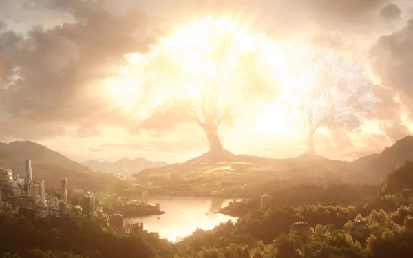 The Lord of the Rings: The Rings of Power 2K Quad HD PC desktop background showing luminous twin trees glowing over a golden valley, river and distant city.