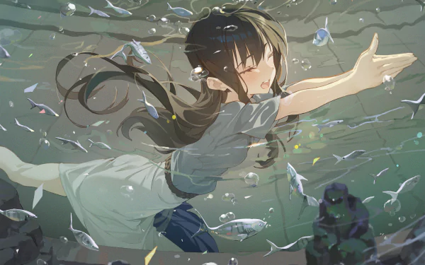 HD anime desktop wallpaper featuring Takina Inoue from Lycoris Recoil underwater surrounded by small fish, with detailed lighting and motion effects.