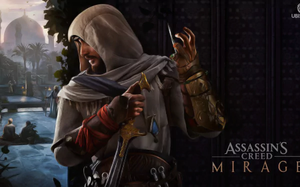 Assassin's Creed Mirage video game HD PC desktop wallpaper and background: hooded assassin with dagger overlooking a moonlit river, palm trees and a domed city skyline.