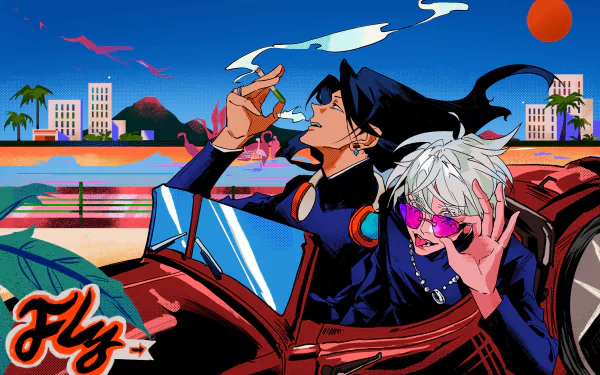 4K Ultra HD anime wallpaper featuring Satoru Gojo and Suguru Geto from Jujutsu Kaisen, cruising in a red convertible with a vibrant coastal cityscape background.